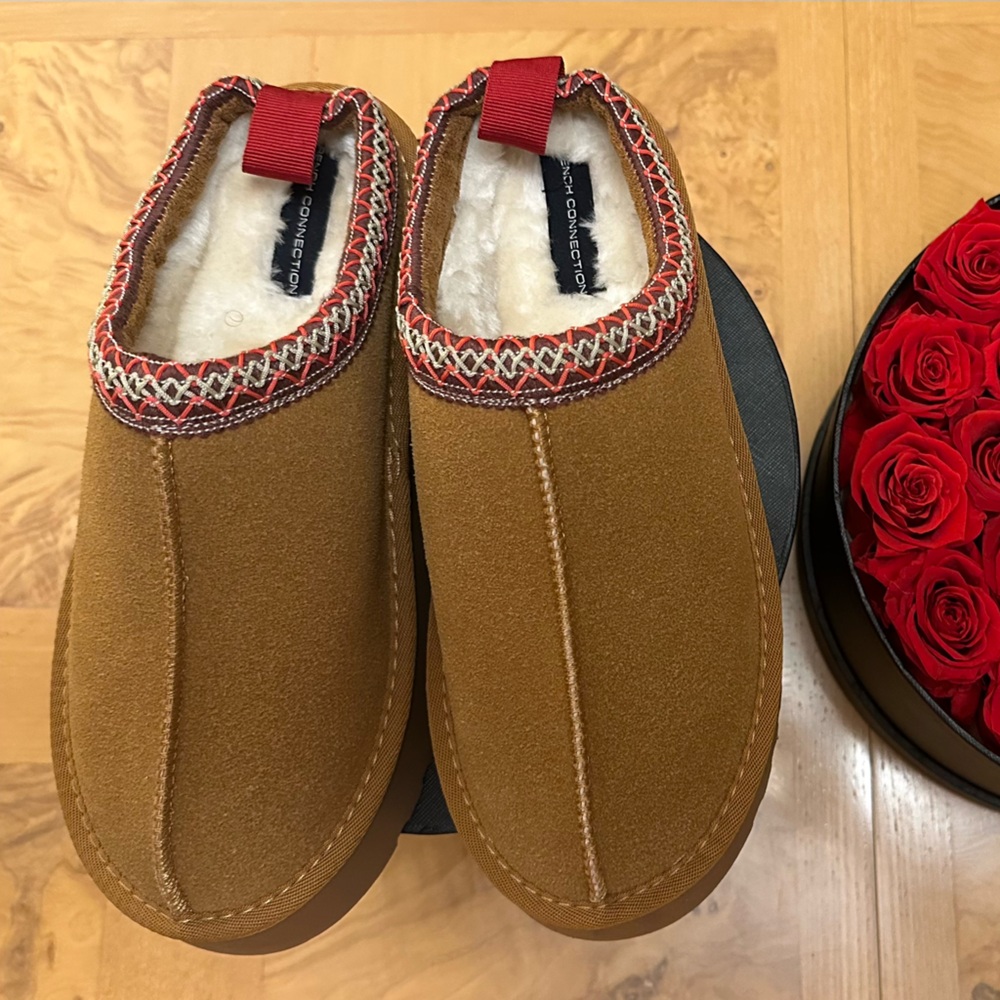 French Connection Brown Slippers with Red Trim